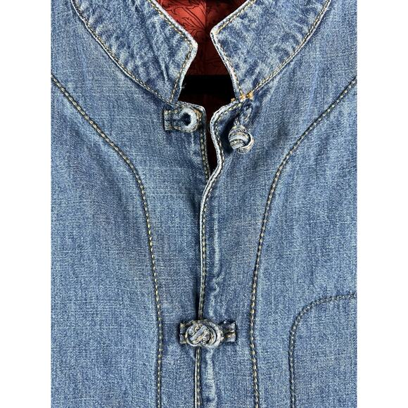 Chico’s Denim Jacket Women XL Blue Silk Lined Mandarin Collar Frog Closures - Picture 5 of 14